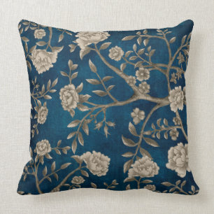 Handmålad Navy Blue Chinoiserie Blommigt Greenery Kudde
