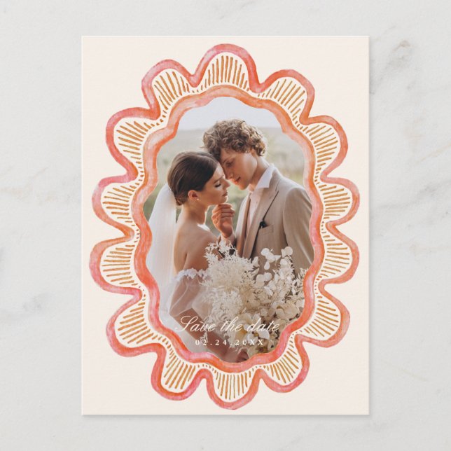 Handmålad orange, skalopad ovalfoto ram vykort (Framsida)