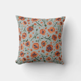 Handmålad Orange Vallmo Patternes Flowers Kudde