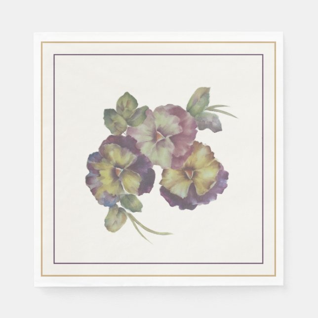 Handmålad Pansy Luncheon Napkins - Plum & Guld Pappersservett (Framsidan)