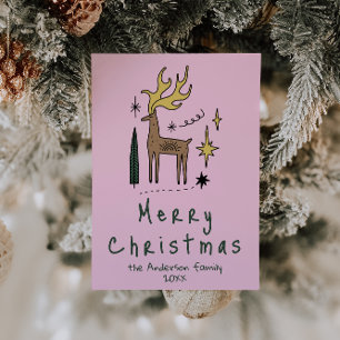 Handmålad Ren Glad Jul Icke-Foto Julkort