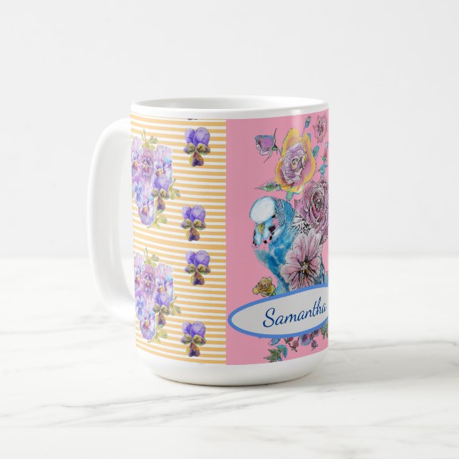 Handmålad rosa blå undulatfågel blomsterfåglar mug kaffemugg (Framsida vänster)