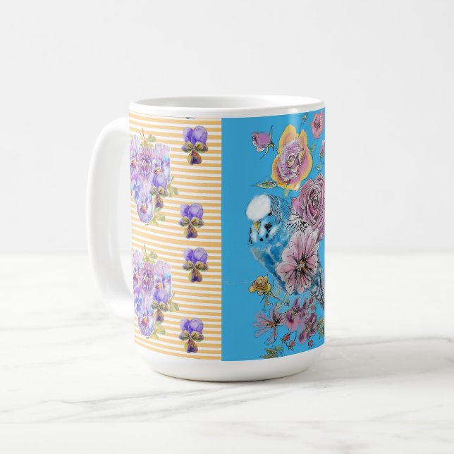 Handmålad rosa blå undulatfågel blomsterfåglar mug kaffemugg (Framsida vänster)