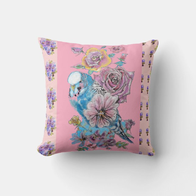 Handmålad Rosa Blue Budgie blommigt decor Cushion Kudde (Framsida)