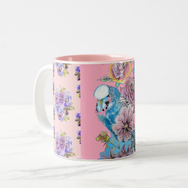 Handmålad Rosa Blue Budgie blommigt Mugg (Framsida vänster)