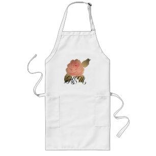 Handmålad Rosa ros Monogram Long Apron Långt Förkläde