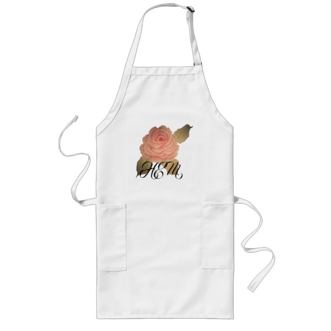 Handmålad Rosa ros Monogram Long Apron Långt Förkläde (Framsidan)