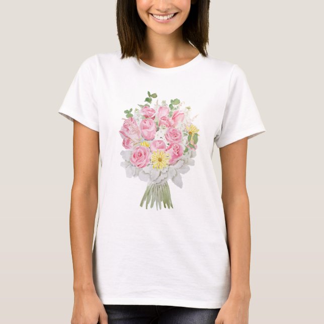 handmålad Rosa ros och gult daisy bouquet T Shirt (Framsida)