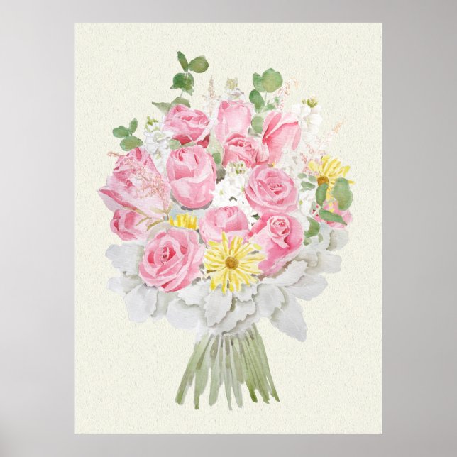 handmålad Rosa ros och gult daisy bouquet wa Poster (Framsidan)