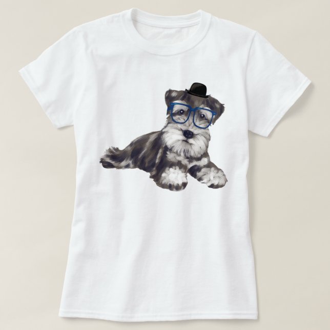 Handmålad Schnauzer Puppy Hund T-shirt (Design framsida)
