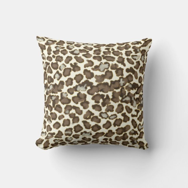 Handmålad Snö Leopard Animal Skin Print Brown Kudde (Framsida)