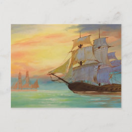 Handmålad Sunset Sailing Fraktass Nautical Art Vykort