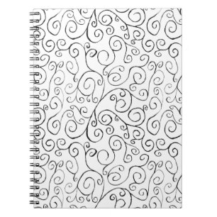 Handmålad svart Curvy Mönster på vit Anteckningsbok Med Spiral