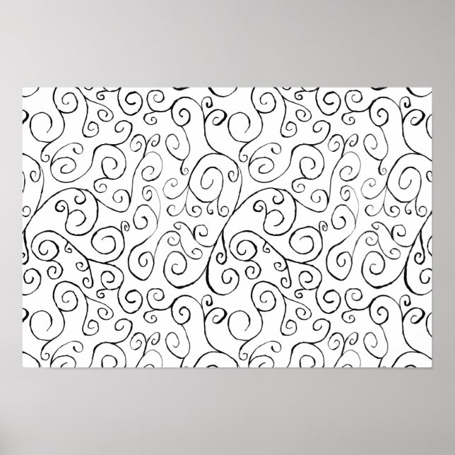 Handmålad svart Curvy Mönster på vit Poster (Framsidan)