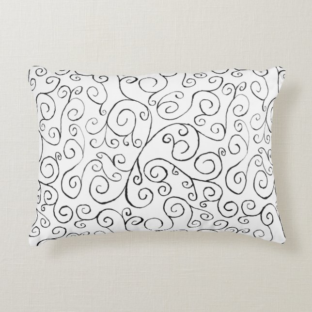 Handmålad svart Curvy Mönster på vit Prydnadskudde (Framsidan)