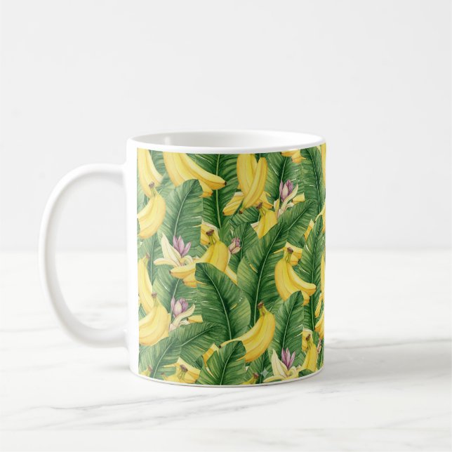 Handmålad tropisk akvarellblad och frukt kaffemugg (Vänster)