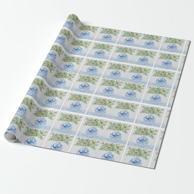 Handmålad Tuscan Blue Ginger Burk Presentpapper (Utrullad)
