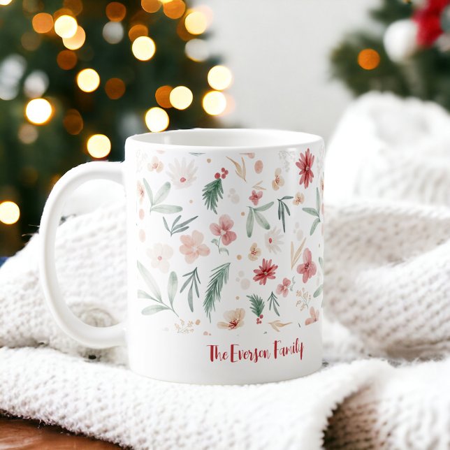 Handmålad vattenfärg Blommigt jul Namn Kaffemugg (Hand Painted Watercolor Floral Christmas Name Coffee Mug)