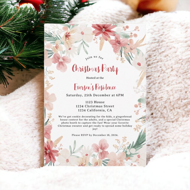Handmålad vattenfärg Botanisk jul Party Inbjudningar (Hand Painted Watercolor Botanical Christmas Party Invitation)