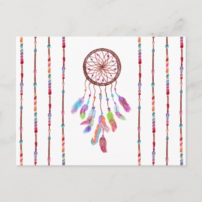 Handmålad vattenfärg Dreamcatcher Pärlor Feather Vykort (Framsida)