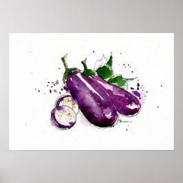 Handmålad vattenfärg Eggplant, köksvägg konst Poster