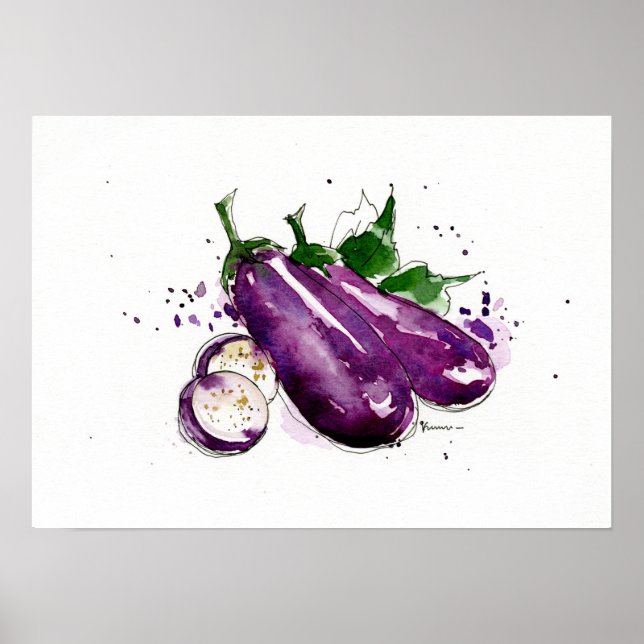 Handmålad vattenfärg Eggplant, köksvägg konst Poster (Framsidan)