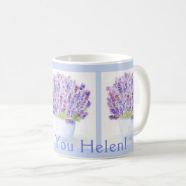 Handmålad vattenfärg Lavender TACK Namn BLU Kaffemugg