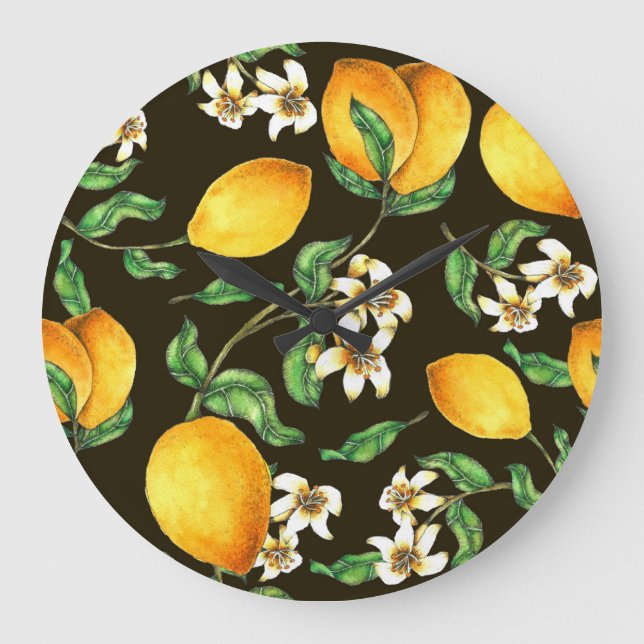 Handmålad vattenfärg Lemon Mönster Stor Klocka (Framsida)
