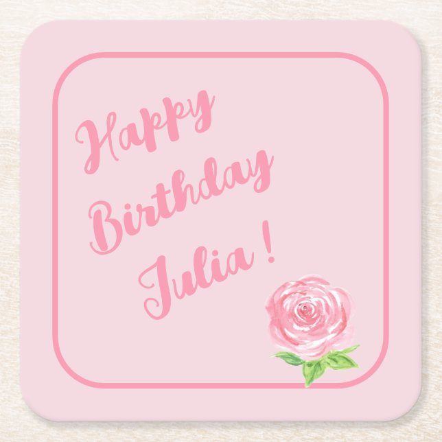 Handmålad vattenfärg Ro GRATTIS PÅ FÖDELSEDAGEN Underlägg Papper Kvadrat (Framsidan)