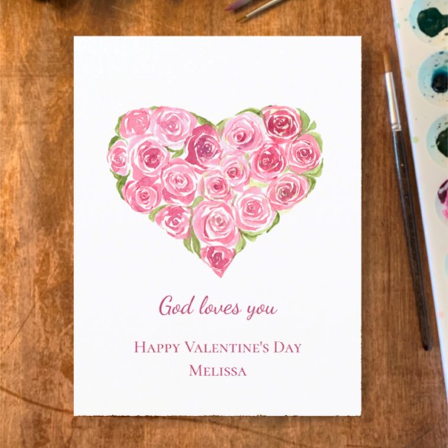 Handmålad vattenfärg Ro Heart Valentines day Helg Vykort (Add your name and note to my hand painted watercolor roses Valentines God loves you Christian card
)