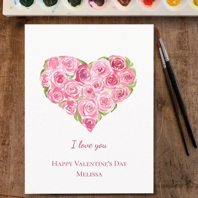 Handmålad vattenfärg Ro Heart Valentines day Helg Vykort (Personalize this unique hand painted watercolor pink roses heart Valentine’s Day card. Customize.
)