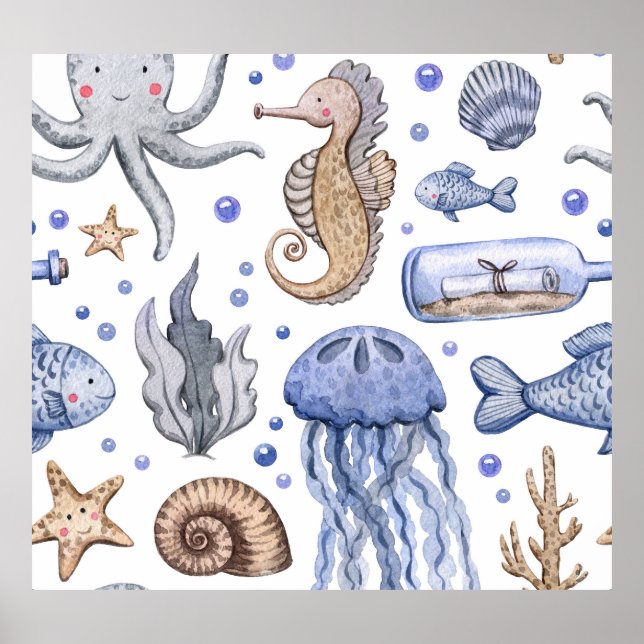 Handmålad vattenfärg Sea Mönster. Poster (Framsidan)