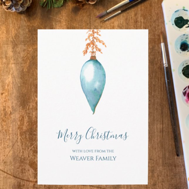 Handmålad vattenfärg Vintage jul Bauble Julkort (Personalize this unique hand painted holiday card, simple botanical blue vintage Christmas bauble)