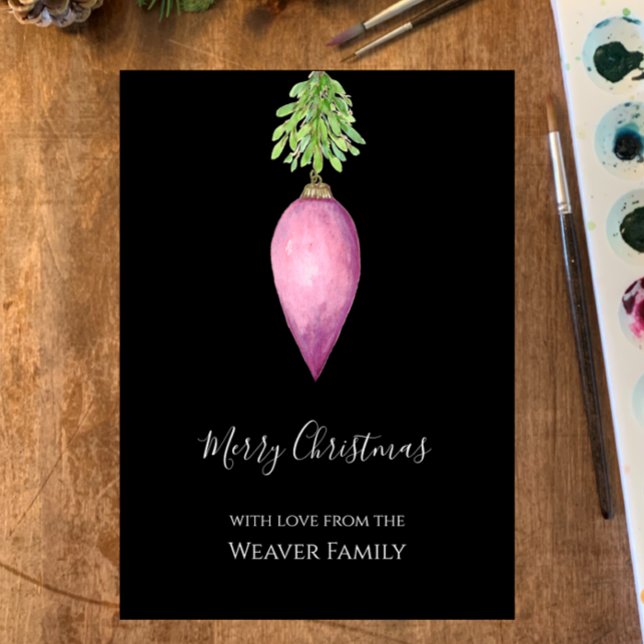 Handmålad vattenfärgad Rosa Jul Bauble Julkort (Custom Christmas Card, elegant simple pink hand painted watercolor with greenery. Modern script
)