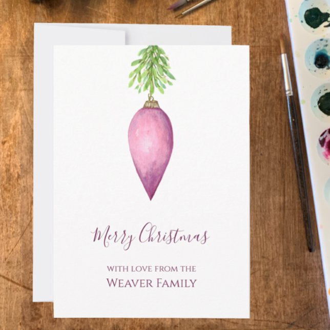 Handmålad vattenfärgad Rosa Jul Bauble Julkort (Create a unique personalized holiday greeting card. Pink trendy original watercolor Christmas design)