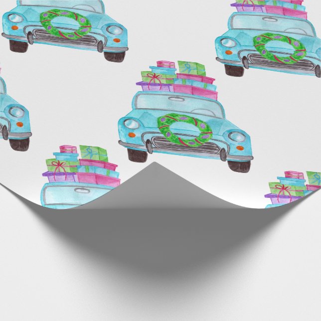 Handmålad vattenfärgsbil - julbil presentpapper (Hörn)