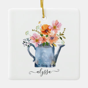 Handmålad vattenfärgsBlommigt Julgransprydnad Keramik