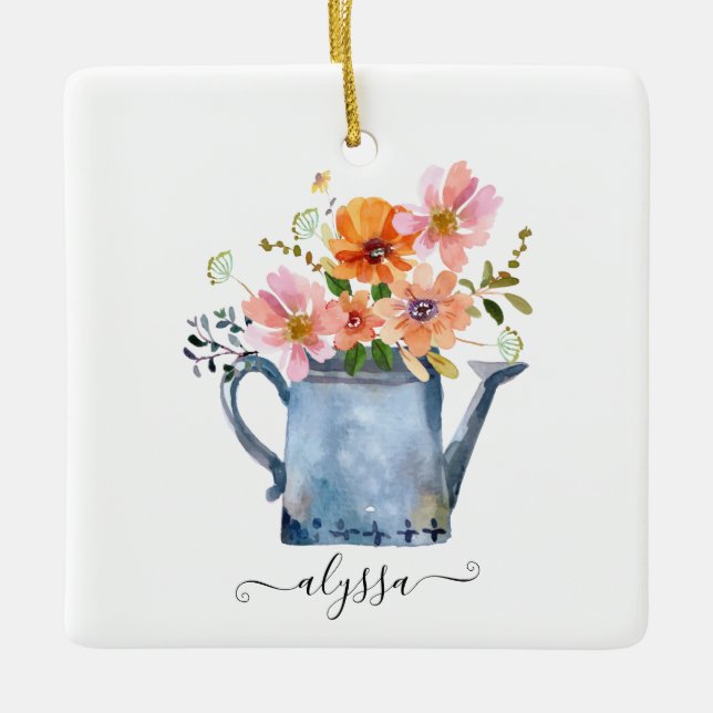 Handmålad vattenfärgsBlommigt Julgransprydnad Keramik (Framsida)
