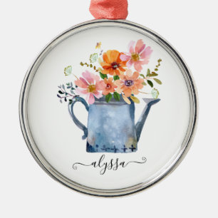 Handmålad vattenfärgsBlommigt Julgransprydnad Metall