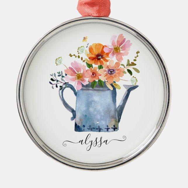 Handmålad vattenfärgsBlommigt Julgransprydnad Metall (Framsidan)