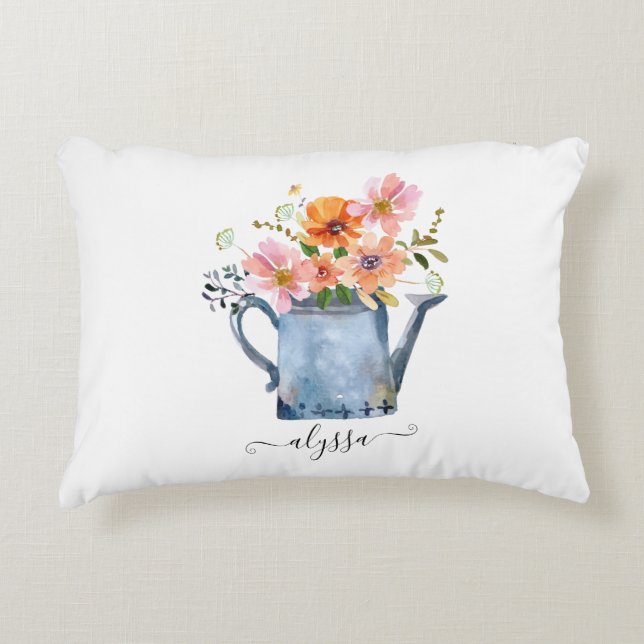 Handmålad vattenfärgsBlommigt Prydnadskudde (Framsidan)