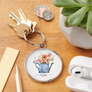 Handmålad vattenfärgsBlommigt Rund Silverfärgad Nyckelring
