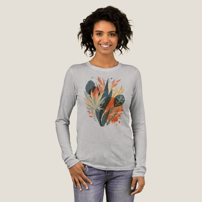Handmålad Växt T-Shirt – Geometrisk Retro Stil (Hel framsida)