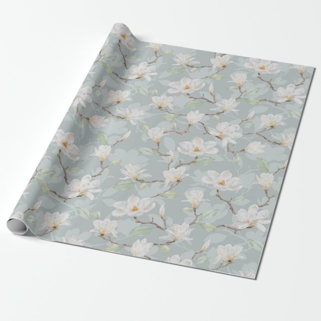 Handmålad vit magnolia på Pastellblå Presentpapper (Utrullad)