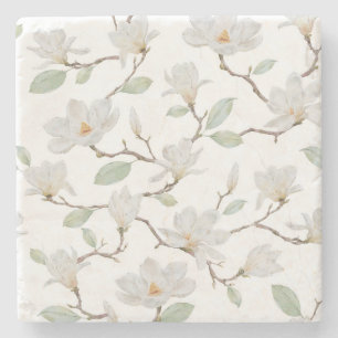 Handmålad vit Magnolia på White Stenunderlägg