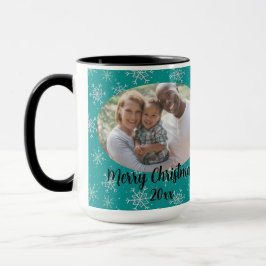 Handmålad vit och akvatisk Snöflingor på Teal Phot Mugg