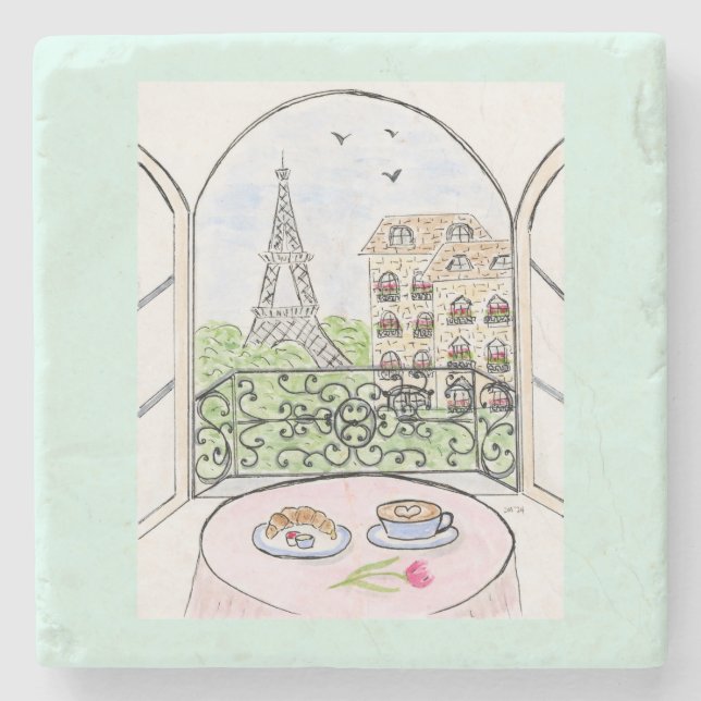 Handmålad Whimsical Paris Eiffeltorn Café Croissan Stenunderlägg (Framsidan)