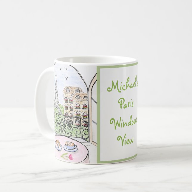 Handmålad Whimsical Paris-ritning PERSONALISERA Kaffemugg (Framsida vänster)