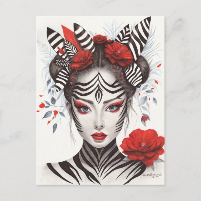 Handmålad "Zebra Woman" - Prisvinnande poppart Vykort (Framsida)