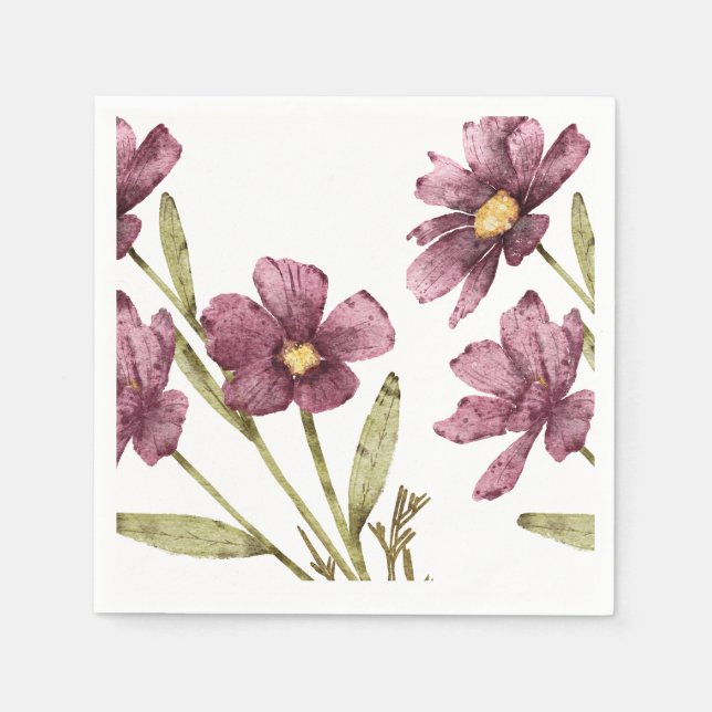 Handmålade akvarell lila blommor och lövverk pappersservett (Framsidan)
